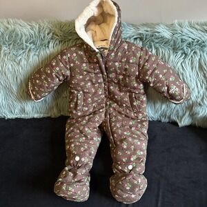 Oshgosh B'Gosh Snow Suit Baby 12M Brown Floral One Piece Warm Sherpa Hood